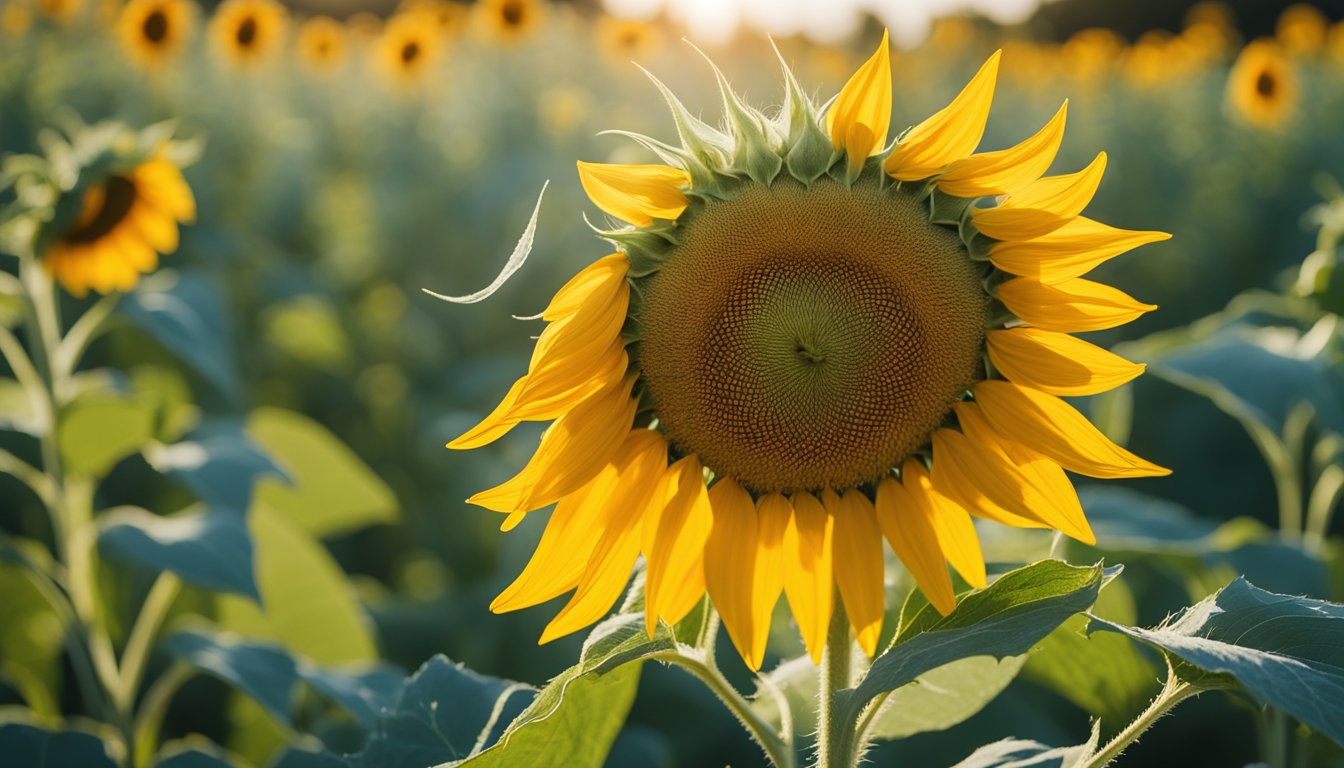 A vibrant sunflower stands tall in a field, its golden petals reaching towards the bright blue sky, surrounded by lush green leaves