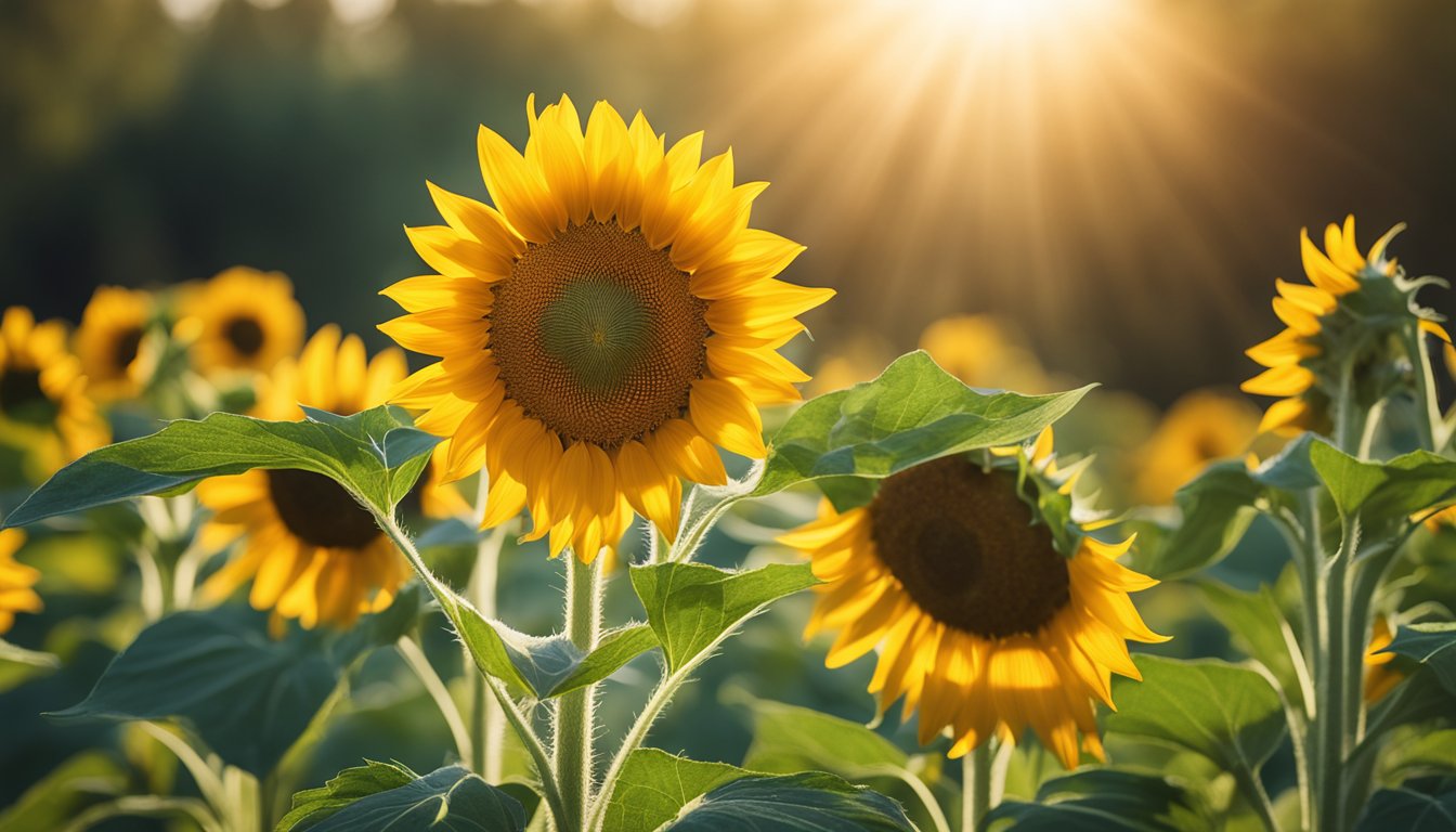 A vibrant sunflower with large, golden petals reaching towards the sun, surrounded by lush green leaves and a sturdy, tall stem