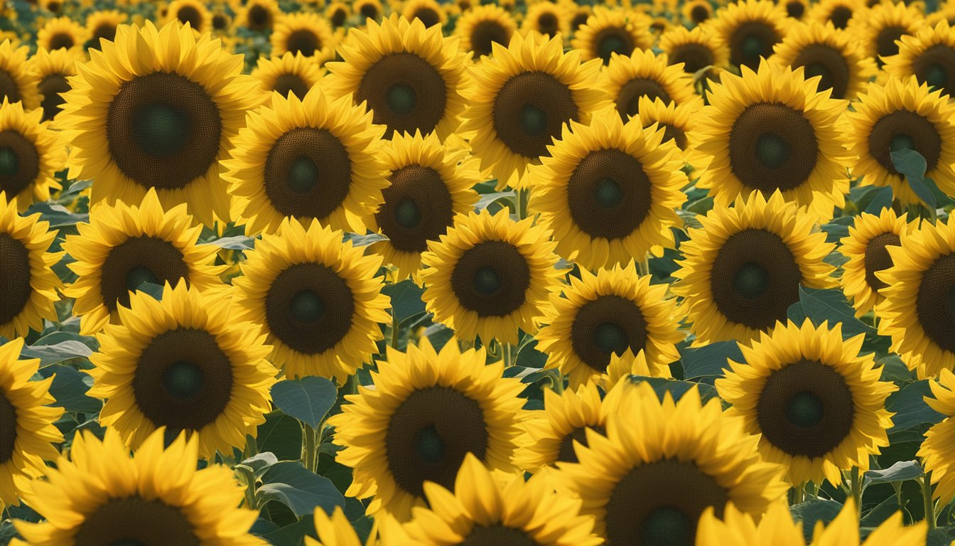 Sunflowers tower over a field, their bright yellow petals facing the sun. Bees buzz around, pollinating the flowers, while birds feast on the seeds, showcasing the ecological significance and uses of sunflowers