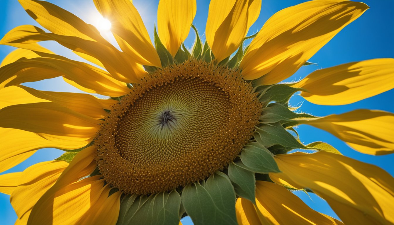 A vibrant sunflower stands tall against a bright blue sky, its golden petals reaching towards the sun. Bees buzz around, collecting nectar from the flower's center