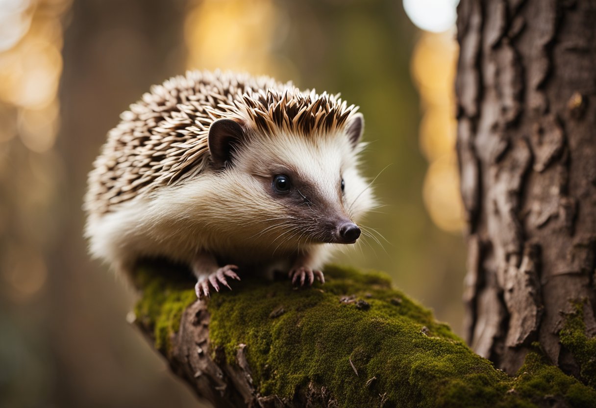 A hedgehog climbs up a tree branch, using its sharp claws to grip the rough bark