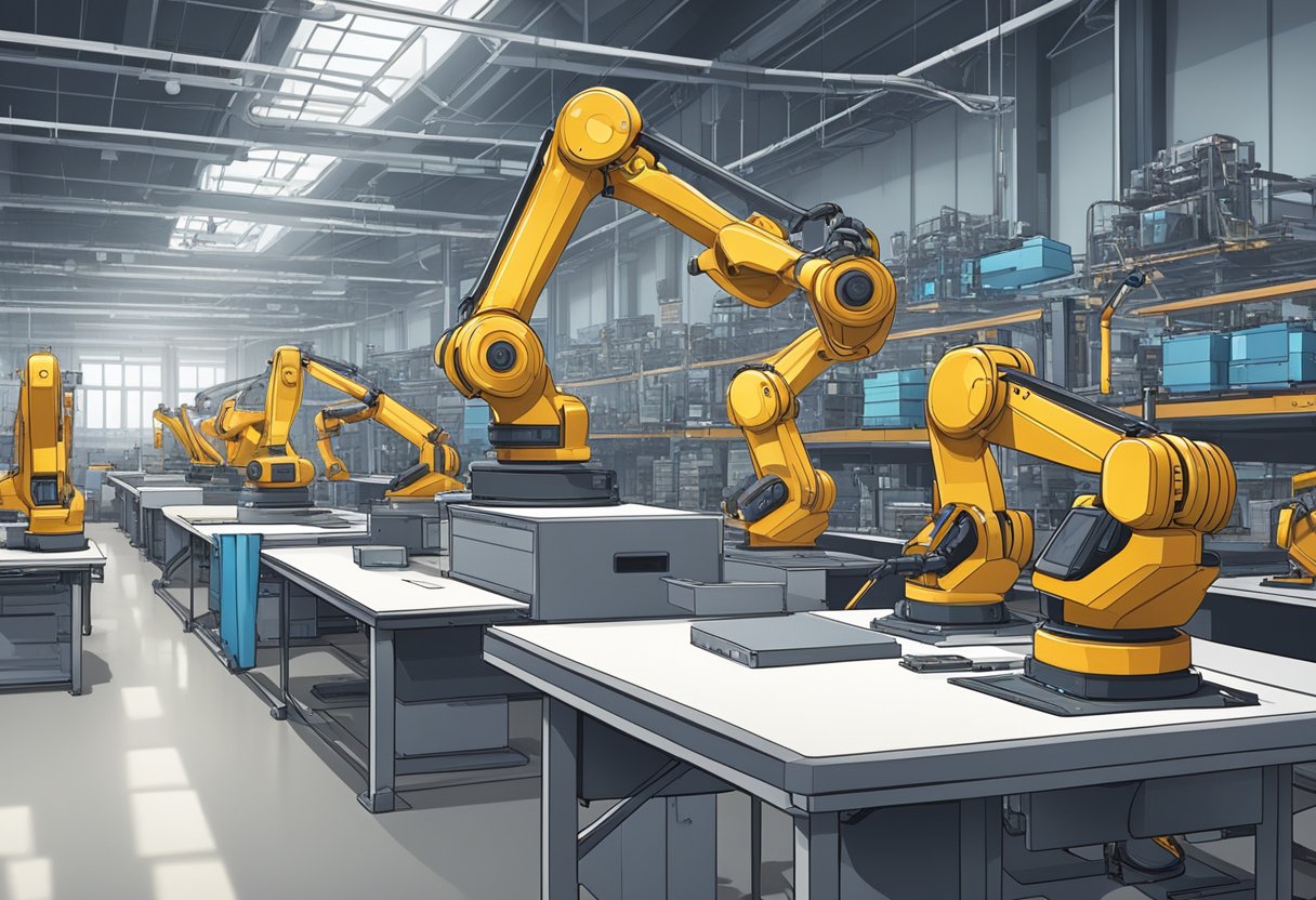 Robotic arms assembling products in a deserted factory, with empty workstations and outdated machinery in the background