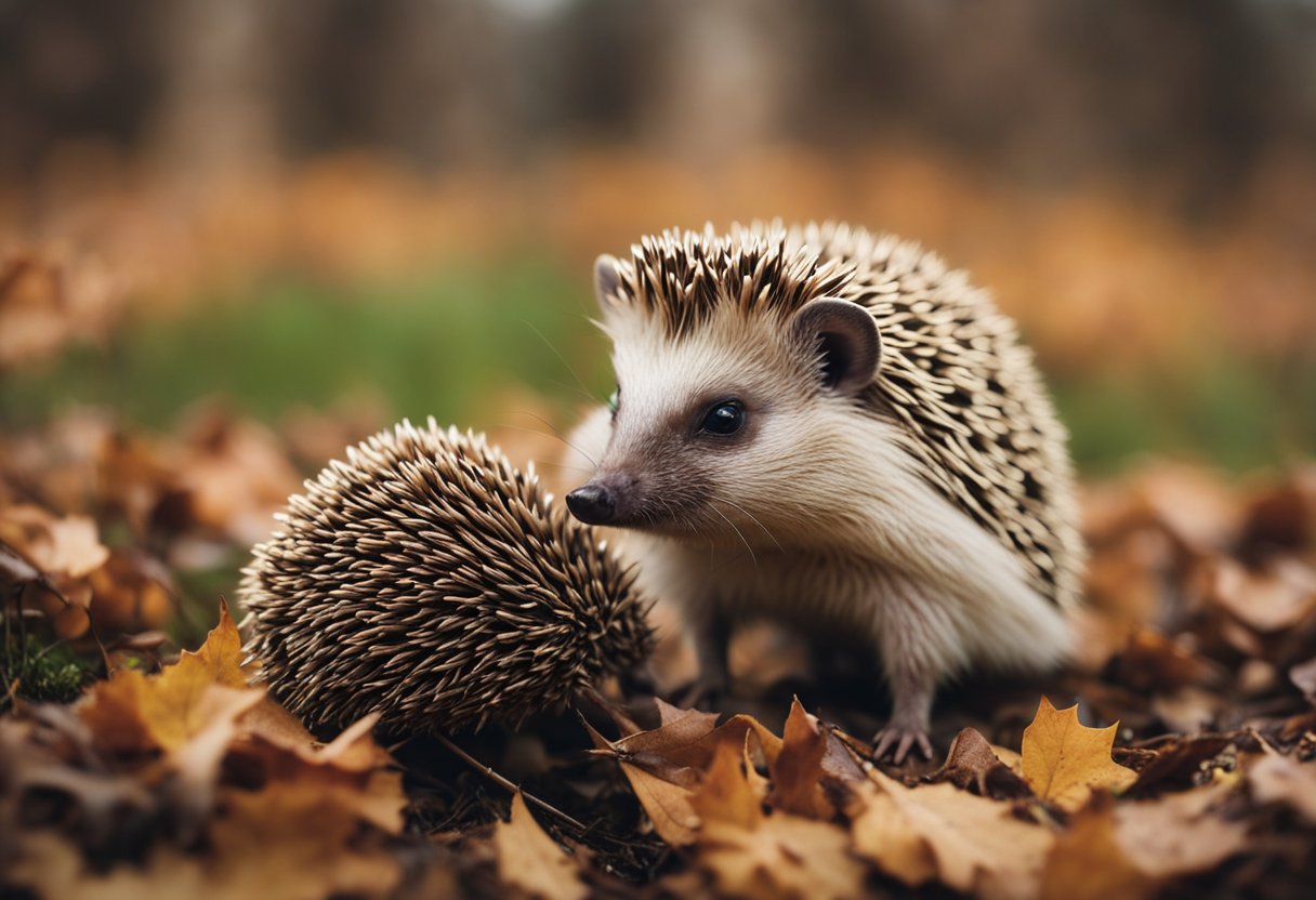 A hedgehog attempts to climb a tree, but struggles due to its spiky body and lack of grip. The ground is covered in fallen leaves and the weather is overcast with a gentle breeze