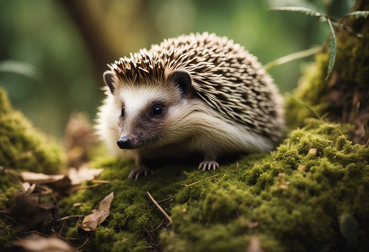Hedgehogs climb branches and small obstacles in a forest setting
