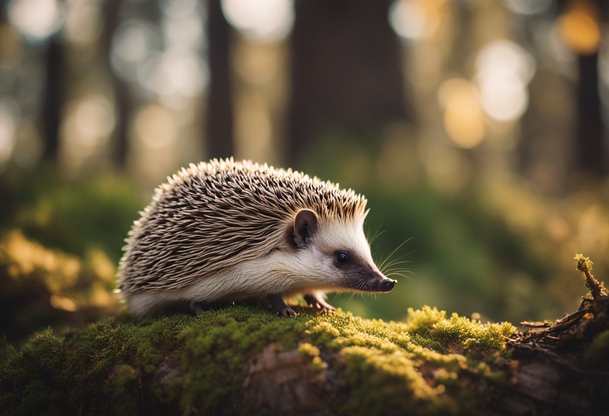 A hedgehog scales a small tree, its tiny paws gripping the bark as it climbs, its quills catching the light