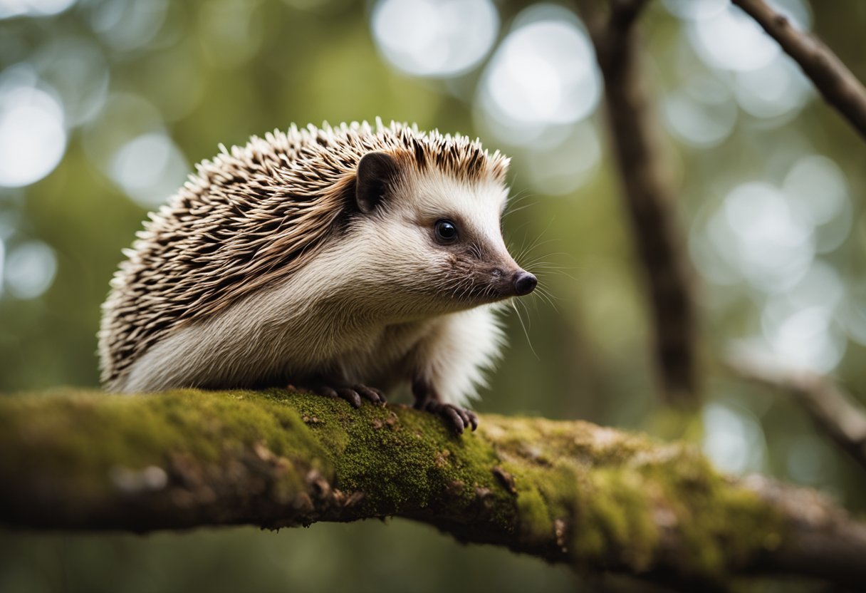 A hedgehog perched on a tree branch, gazing upward