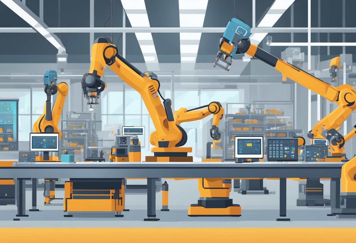 Robotic arms assembling products on a factory floor. A conveyor belt carries items towards the machines. A control panel with AI technology oversees the process