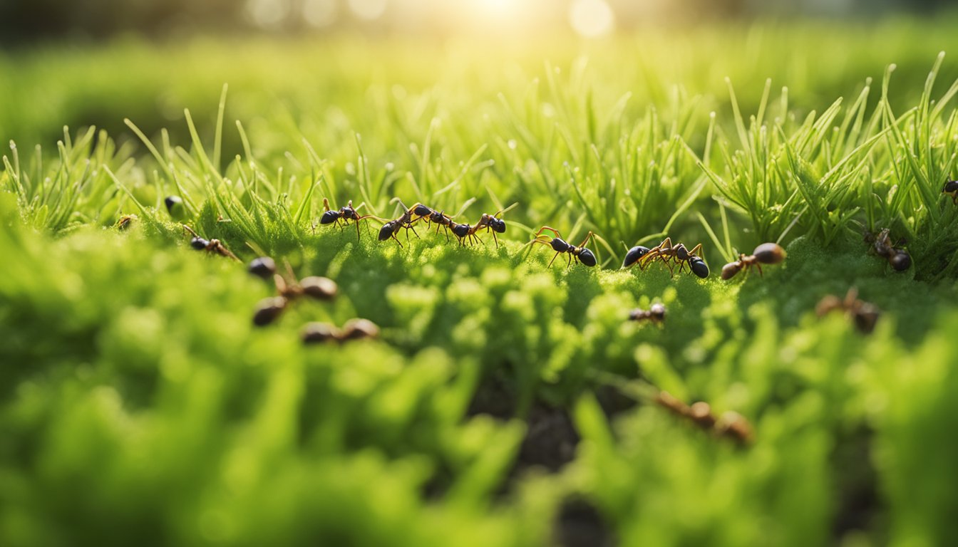 A colony of ants scurries across lush green grass in Ireland. The sun shines down on their busy activity as they work together to gather food