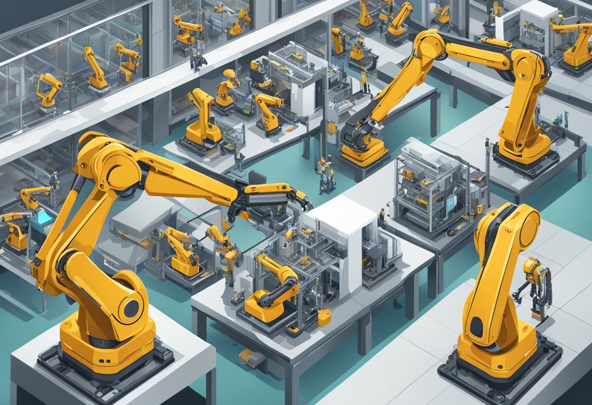 Robotic arms replacing workers in factories, machines taking over repetitive tasks, and automation spreading across various industries