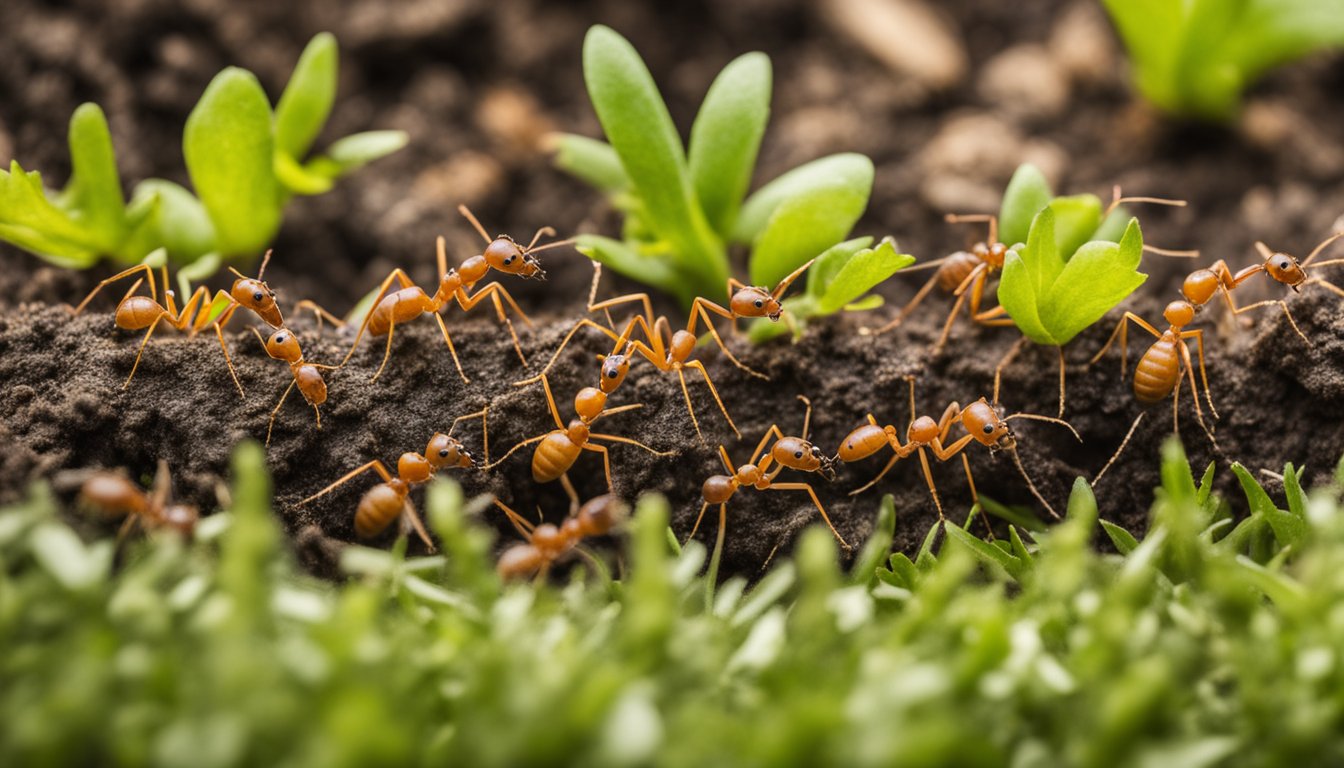 Ants forage for food in a grassy field, while others tend to their underground nest. Larvae are being cared for by worker ants
