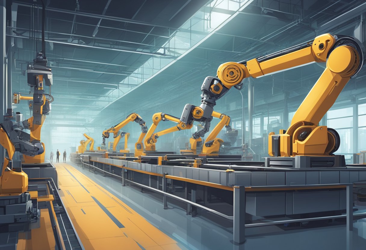 Robotic arms and machines replacing workers in a factory setting. Conveyor belts and automated processes in a futuristic industrial environment