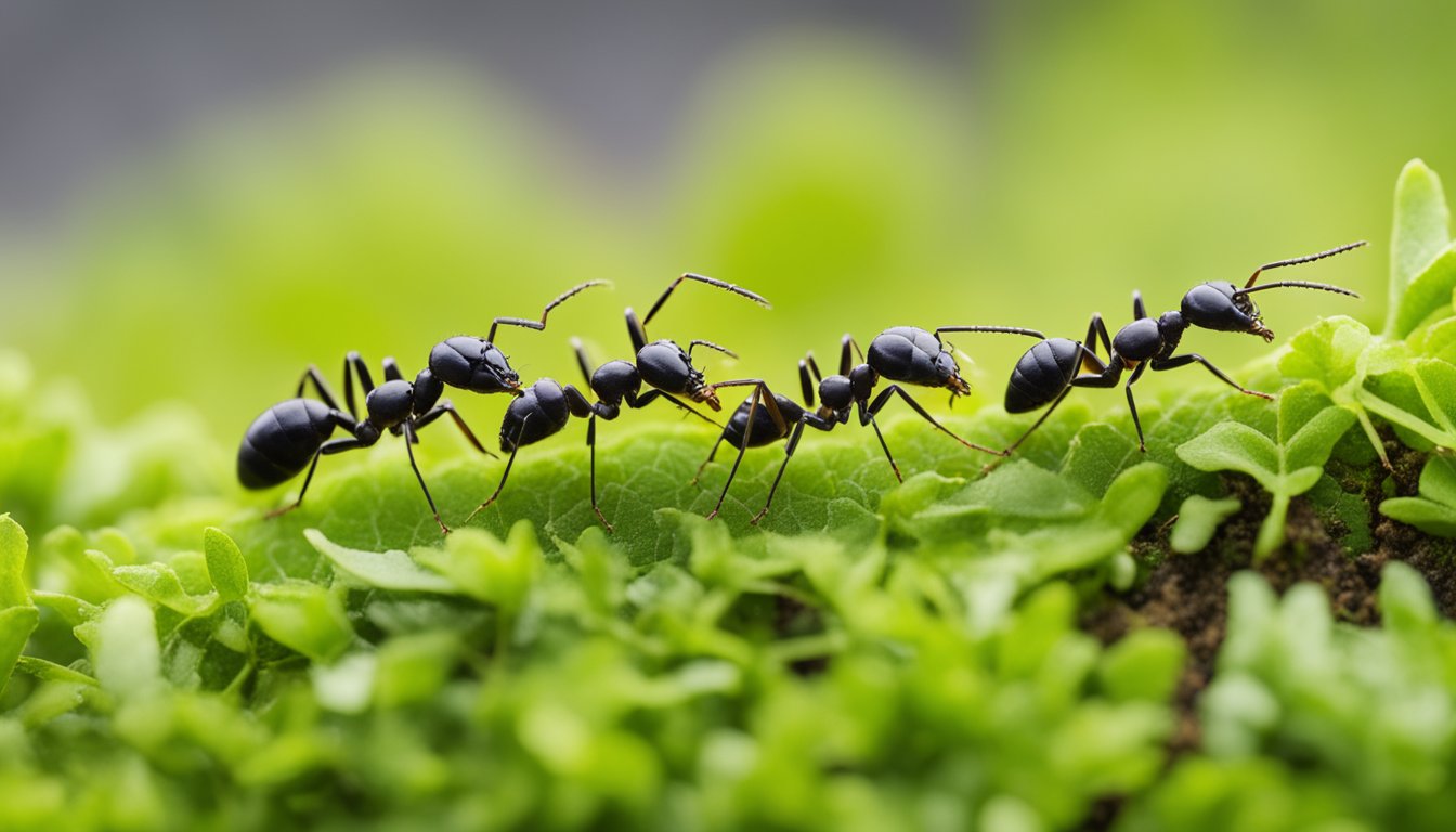 Ants in Ireland forage for food in lush green grass, carrying leaves and other small items back to their underground nest. They move in organized lines, working together to support their colony