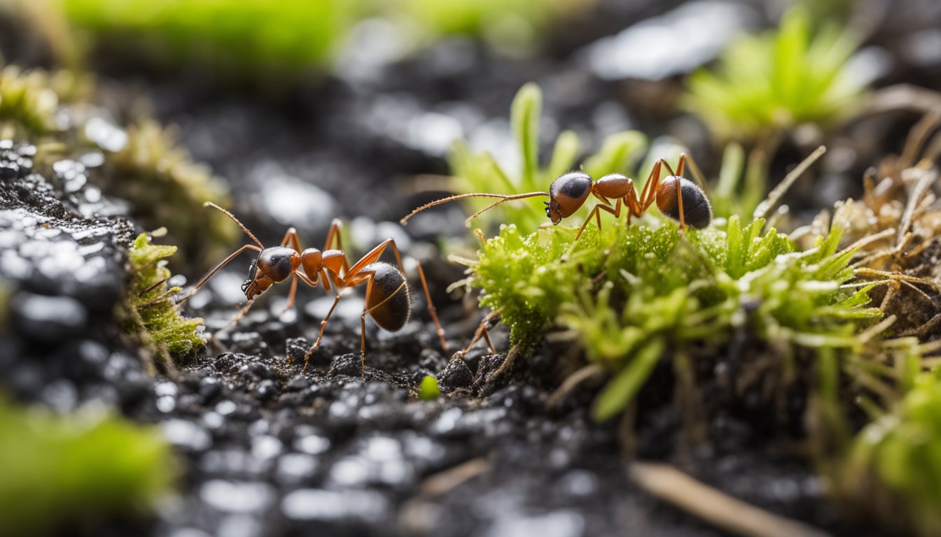 Ants in Ireland forage for food in damp soil, under rocks, and around decaying plant matter. They navigate through grass and moss, often encountering rain and mild temperatures