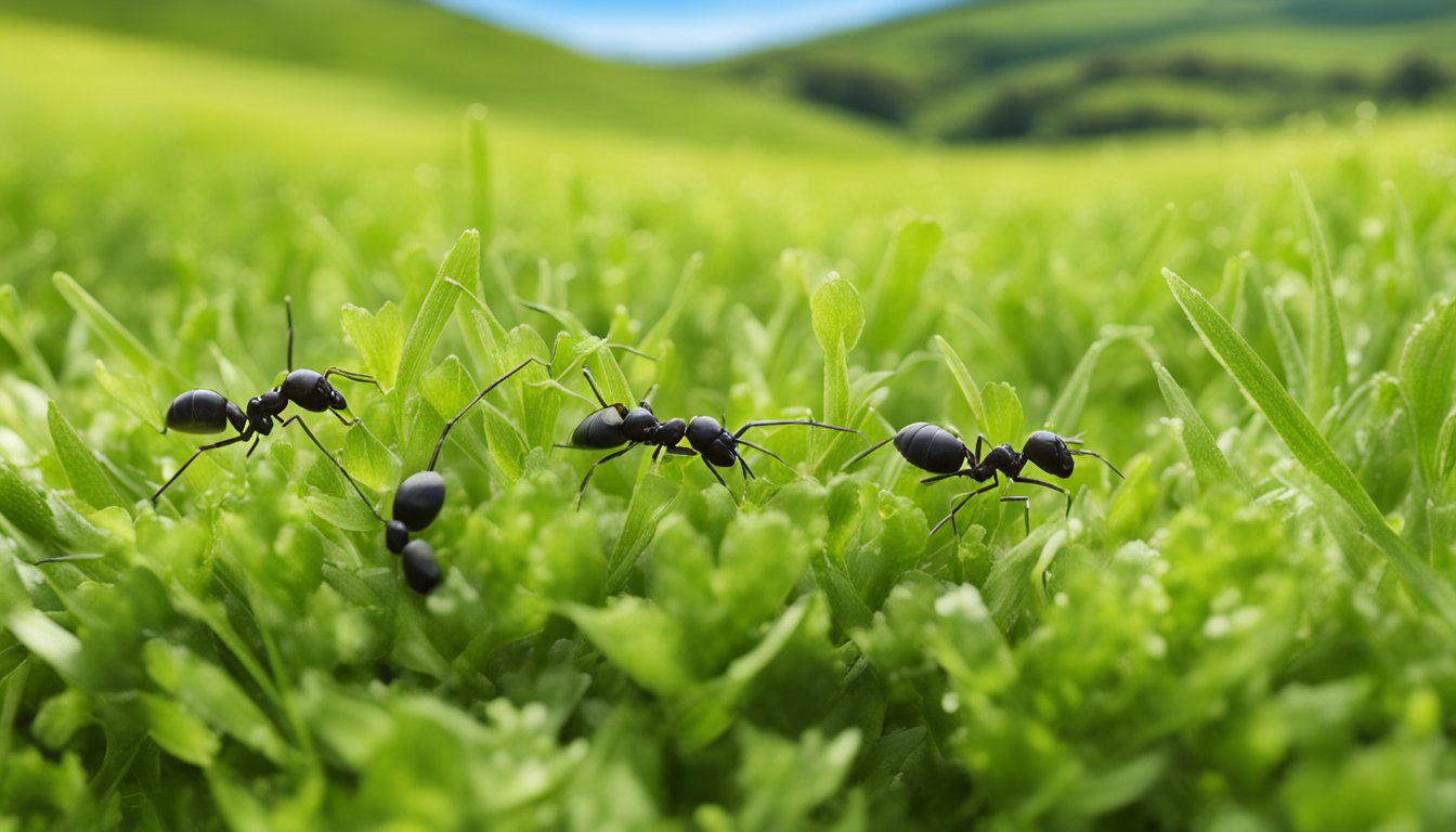A group of ants scurrying across a lush green meadow in Ireland, with a backdrop of rolling hills and a clear blue sky