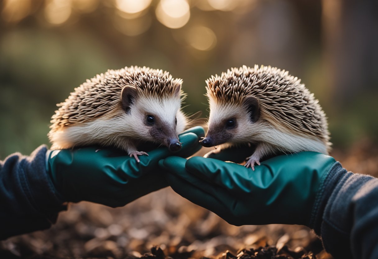 A pair of hedgehogs are being carefully picked up with gloves