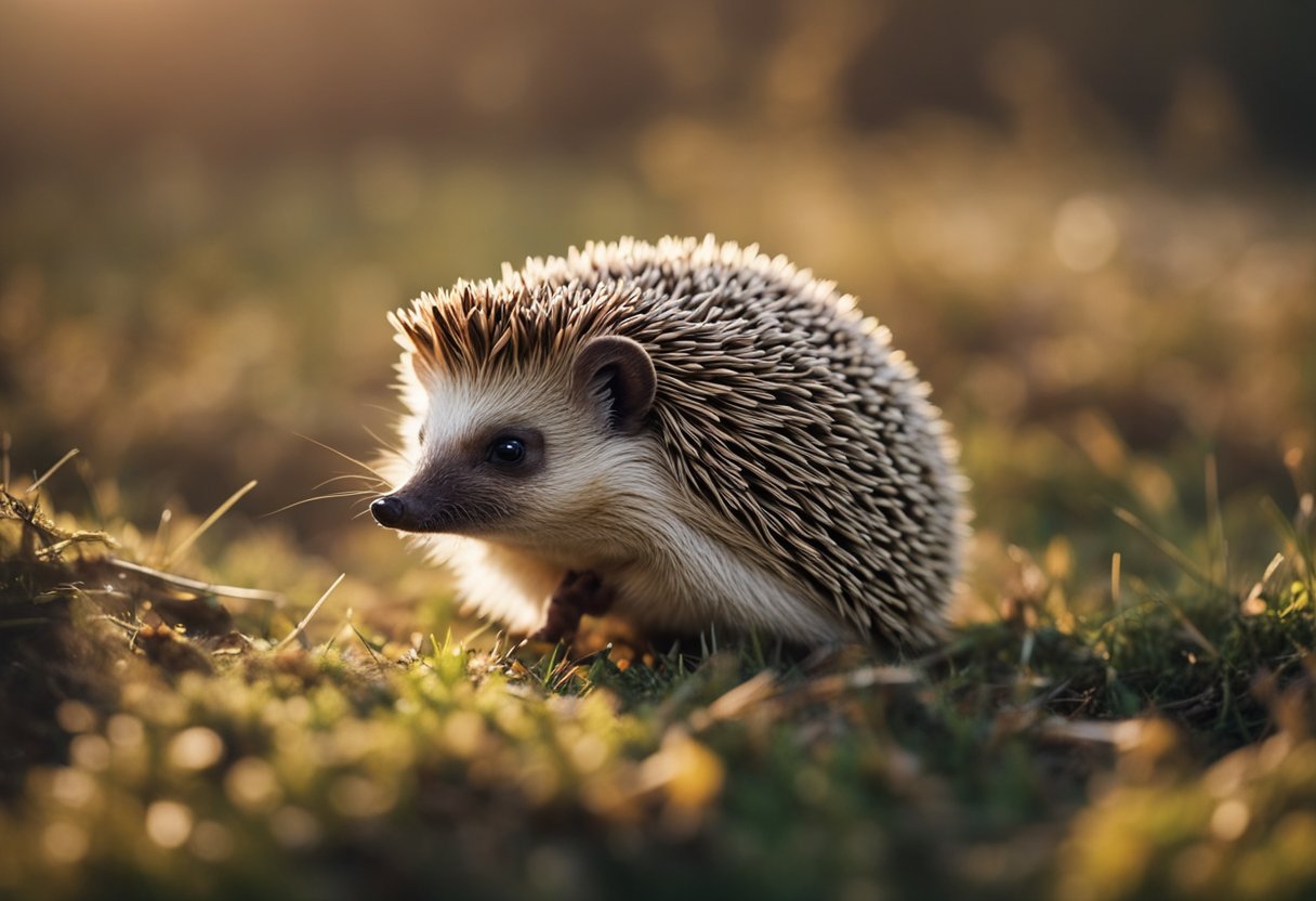 A hedgehog curls into a tight ball, its quills bristling and pointed outward, ready to defend itself