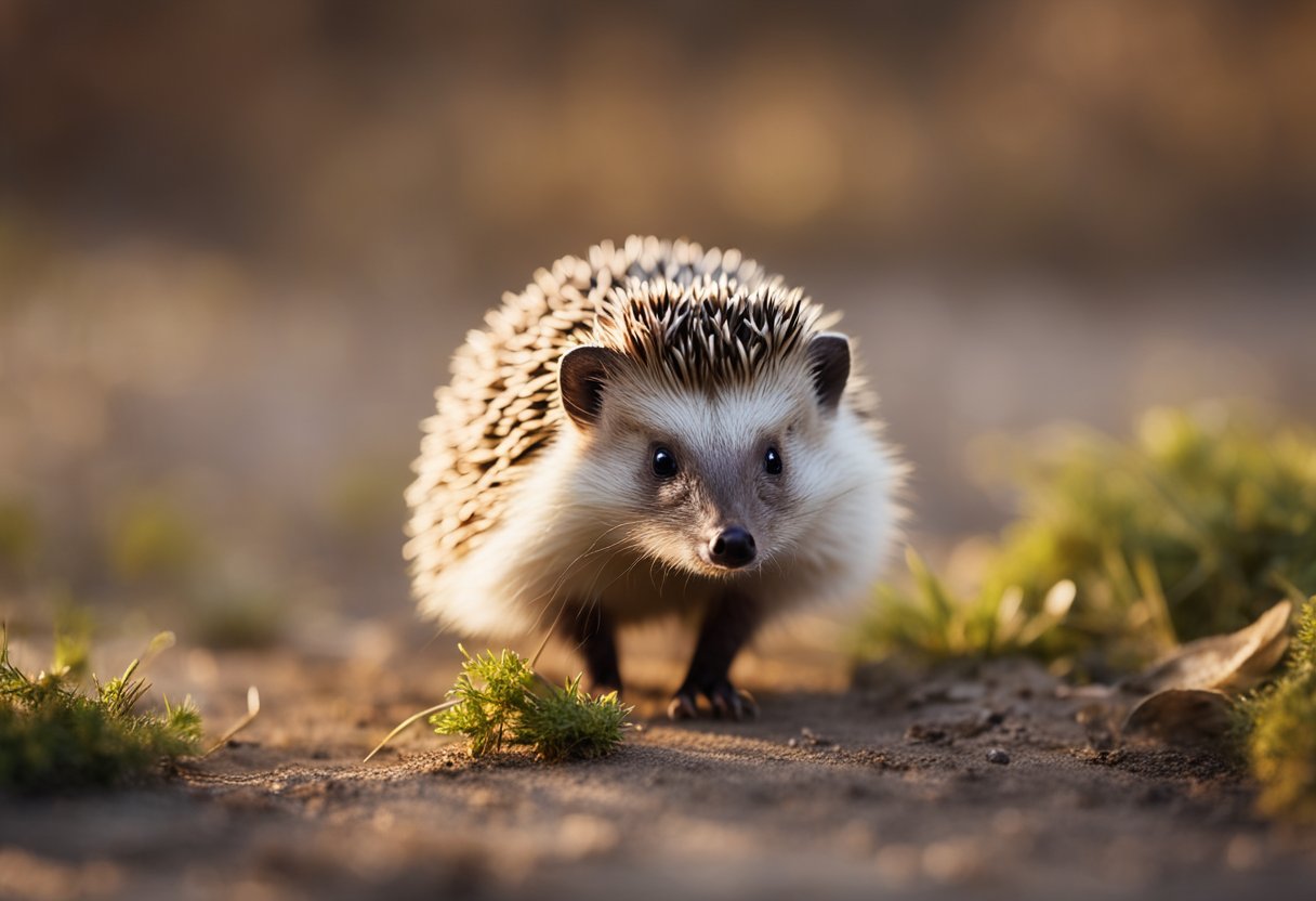 A curious hedgehog stands on its hind legs, quills raised defensively, as a question mark hovers above it