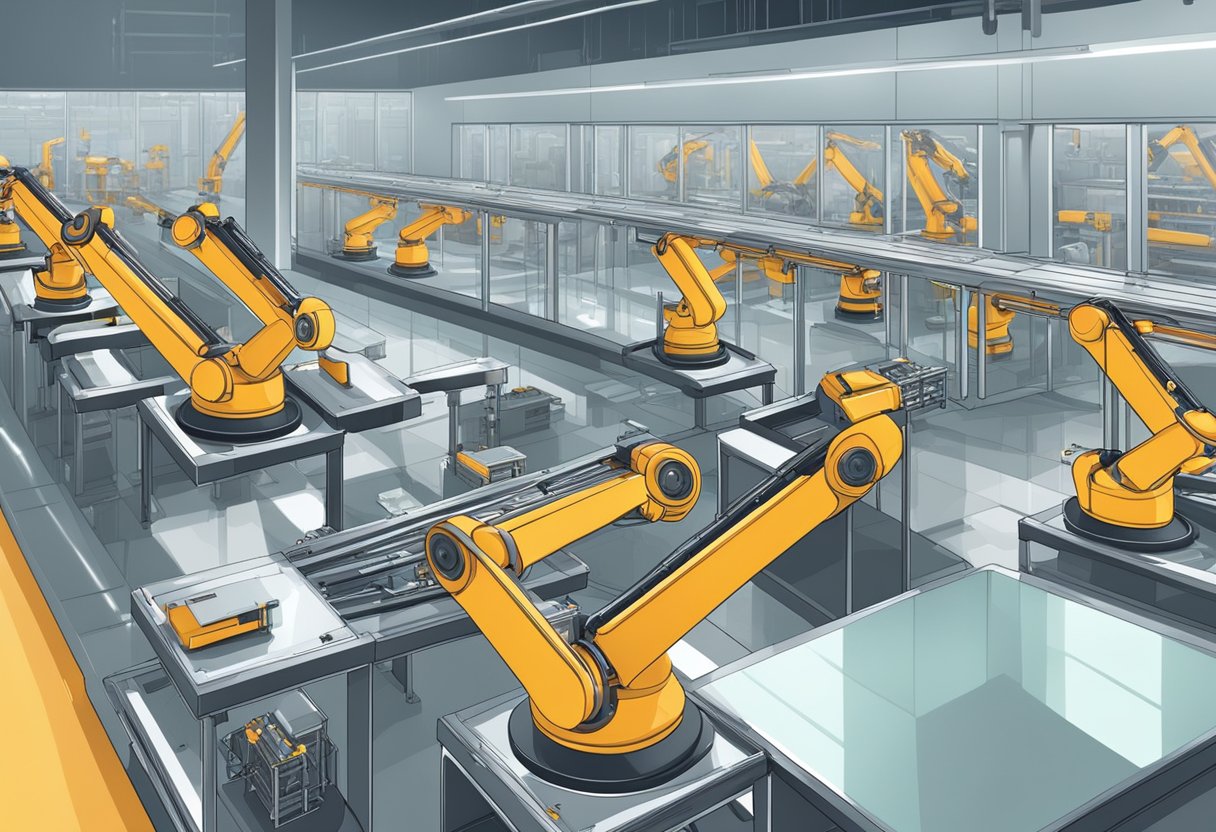 Robotic arms assemble products in a sleek, futuristic factory. A conveyor belt carries items to be sorted by automated machines. The scene is filled with advanced technology and minimal human presence