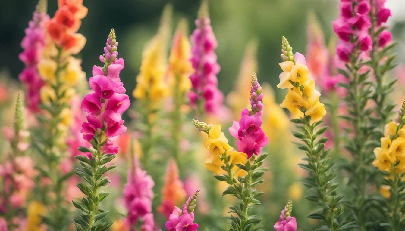 Vibrant snapdragons sway in the gentle breeze, their colorful petals opening and closing like tiny dragon mouths. Bees buzz around, collecting nectar from the delicate flowers