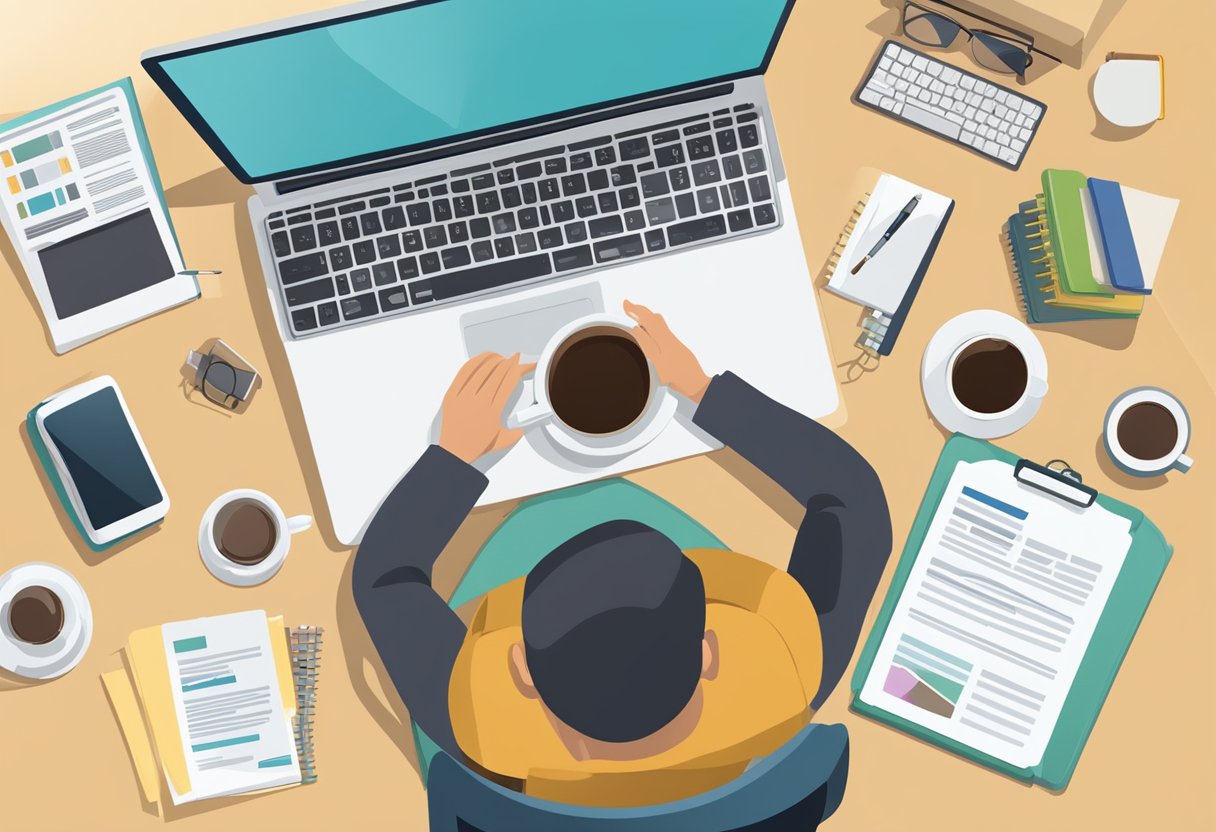 A person sitting at a desk, typing on a laptop, surrounded by job search websites on the computer screen. A cup of coffee and a notebook are also on the desk