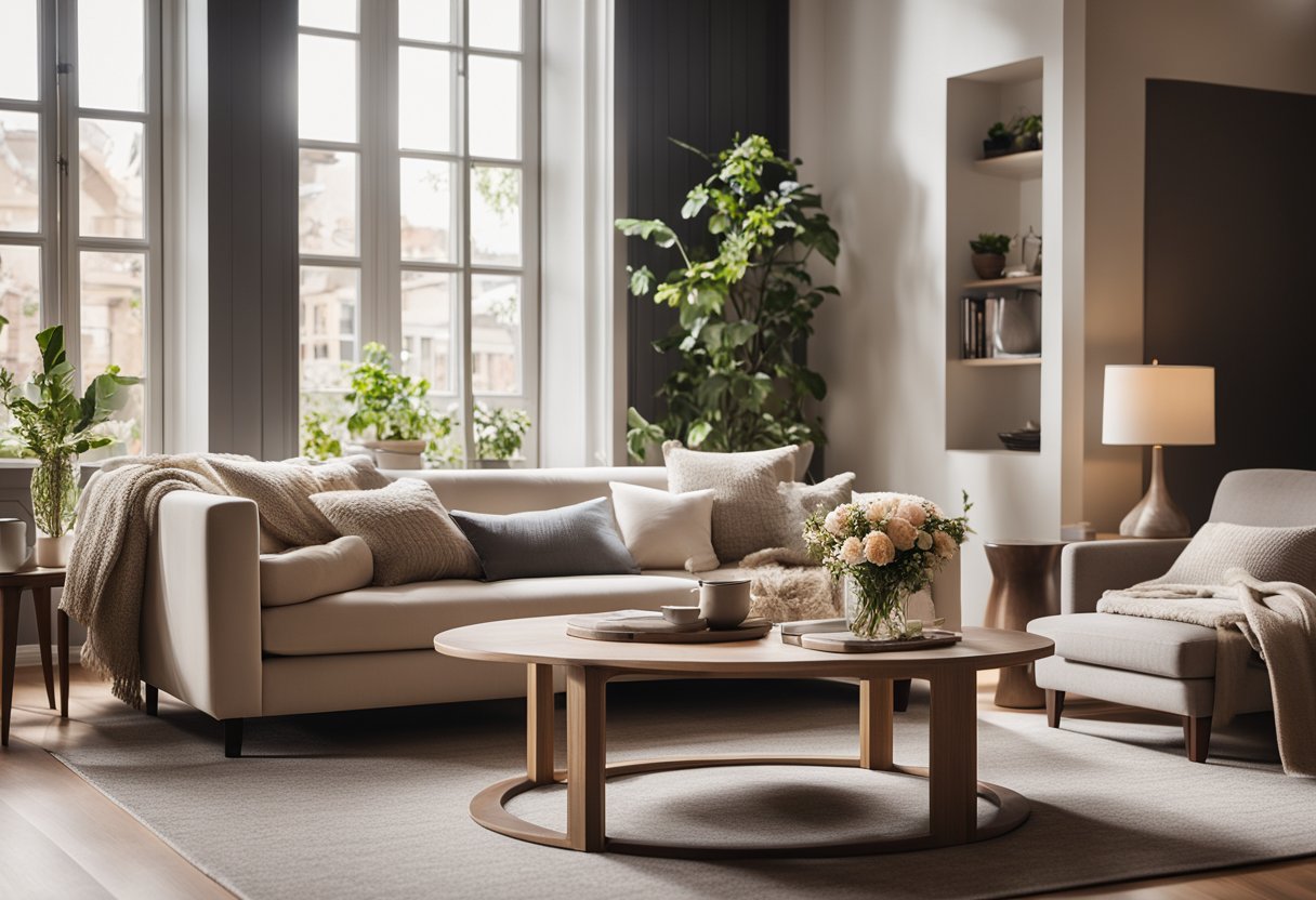 A cozy living room with a plush sofa, soft throw pillows, a warm area rug, and a stylish coffee table with a vase of fresh flowers. Natural light streams in through large windows, casting a warm glow over the space