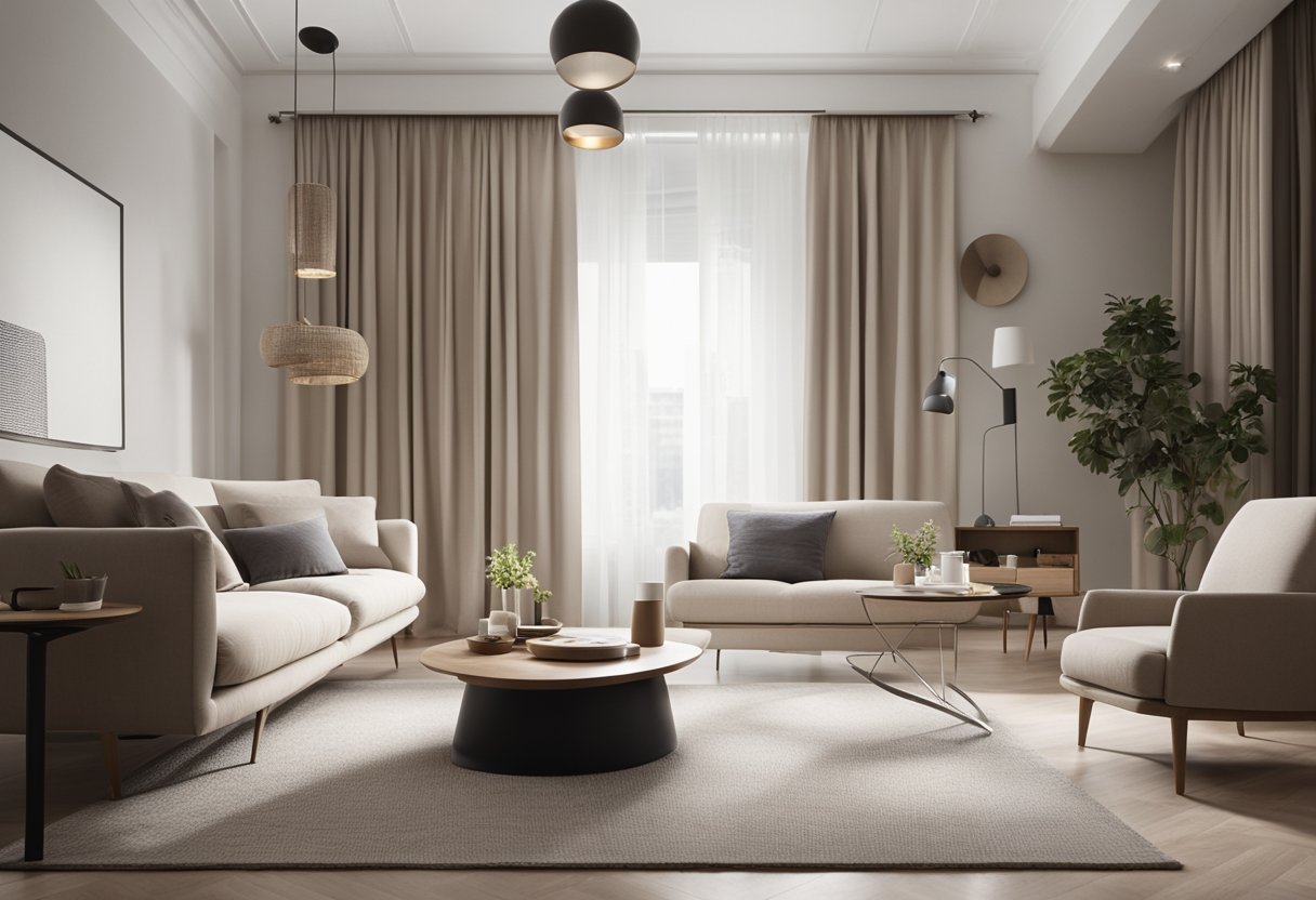 A well-lit living room with neutral colors, clean lines, and minimalistic furniture arranged for optimal conversation and relaxation