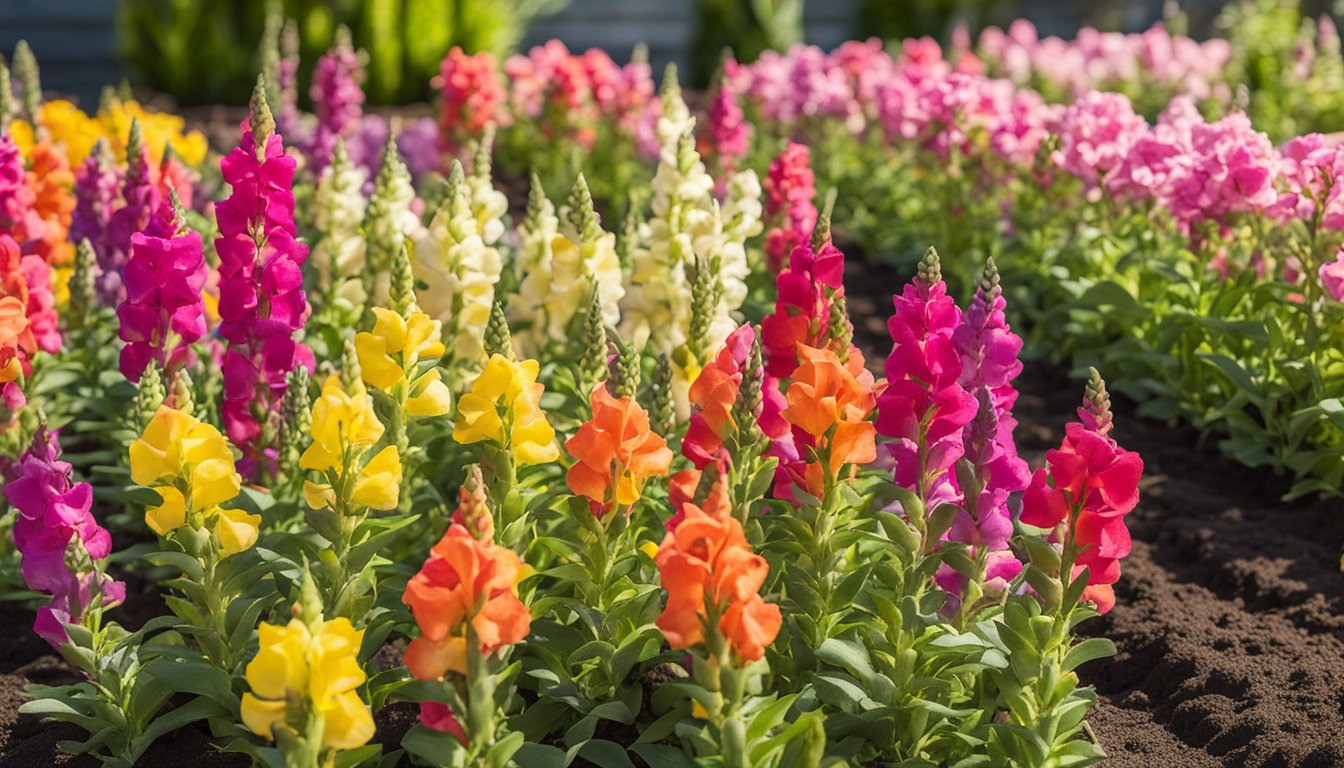 Vibrant snapdragons line neat rows in a sun-drenched garden, surrounded by carefully tended soil and small gardening tools