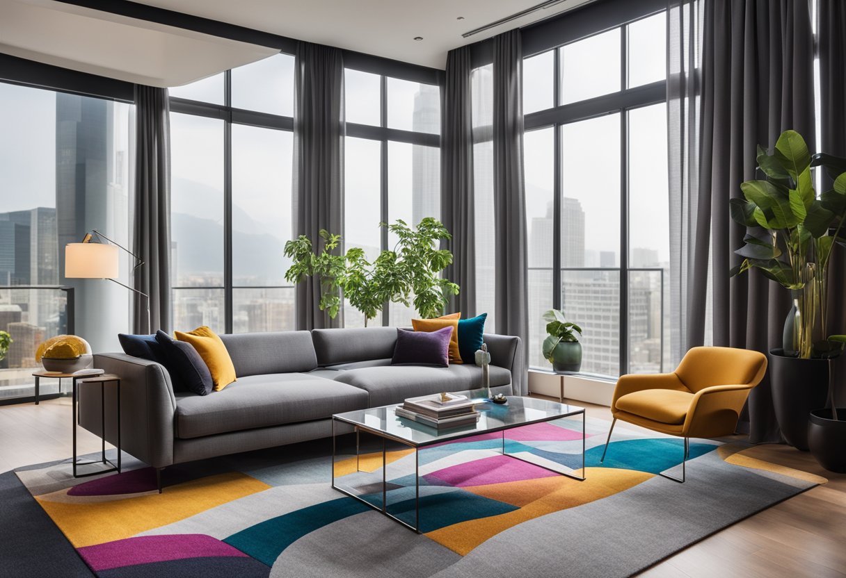 A modern living room with a sleek grey sofa, a glass coffee table, and a large window with sheer curtains. A colorful rug and abstract artwork add vibrancy to the space