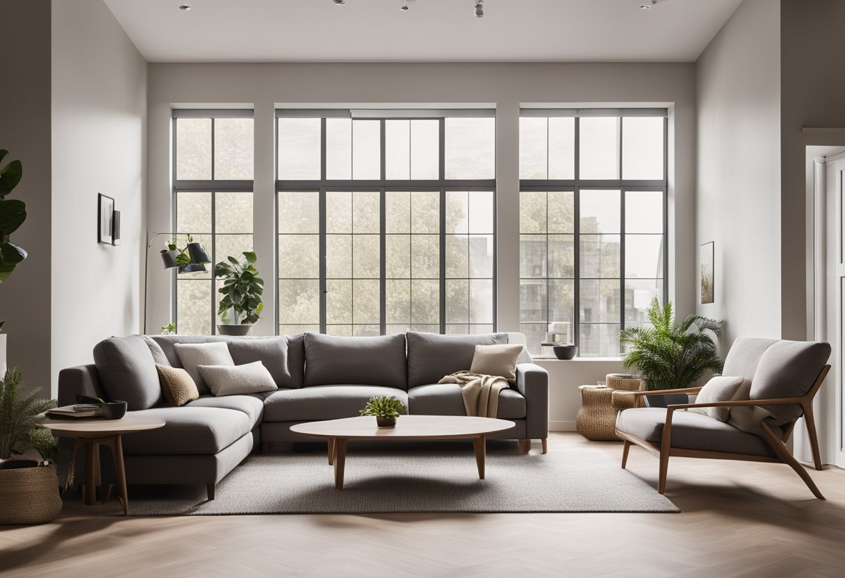 A spacious living room with cozy seating, soft lighting, and minimal clutter. Large windows bring in natural light, while neutral tones and plush textures create a relaxing atmosphere