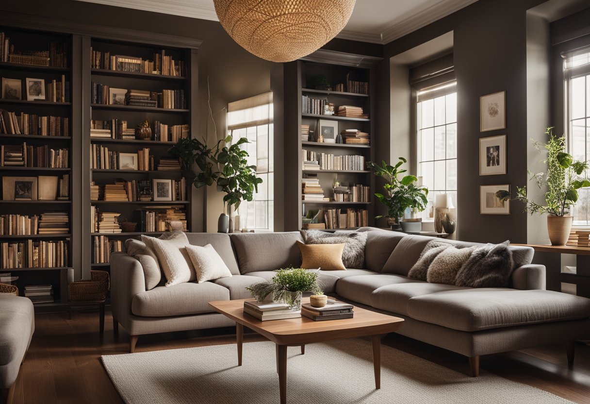 A cozy living room with a plush sofa, coffee table, and warm lighting. A large window lets in natural light, and a bookshelf filled with books and decorative items adds character to the space