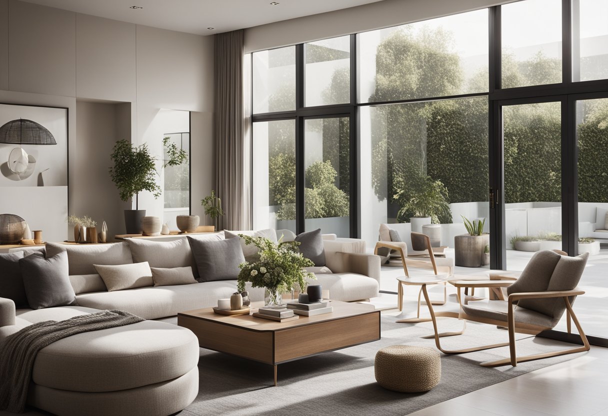 A modern living room with neutral tones, clean lines, and minimalistic furniture. A large window lets in natural light, illuminating the space