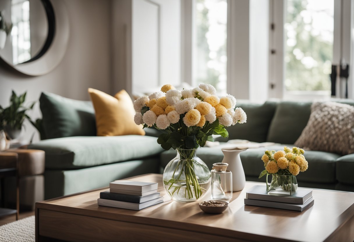 A cozy living room with stylish furniture, warm lighting, and pops of color. A large, comfortable sofa sits in the center, surrounded by decorative pillows. A coffee table holds books and a vase of fresh flowers