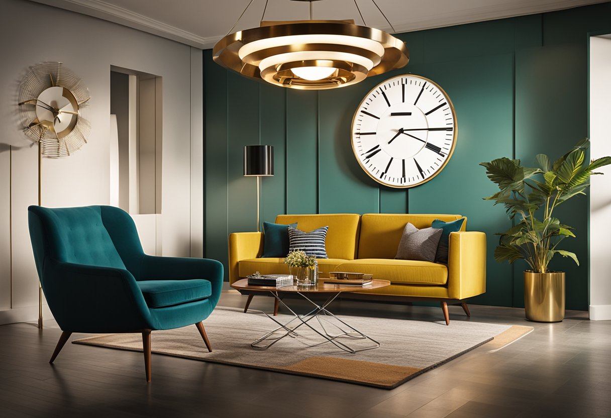 A mid-century living room with sleek furniture, geometric patterns, and bold colors. A sunburst clock hangs on the wall, while a statement lighting fixture illuminates the space