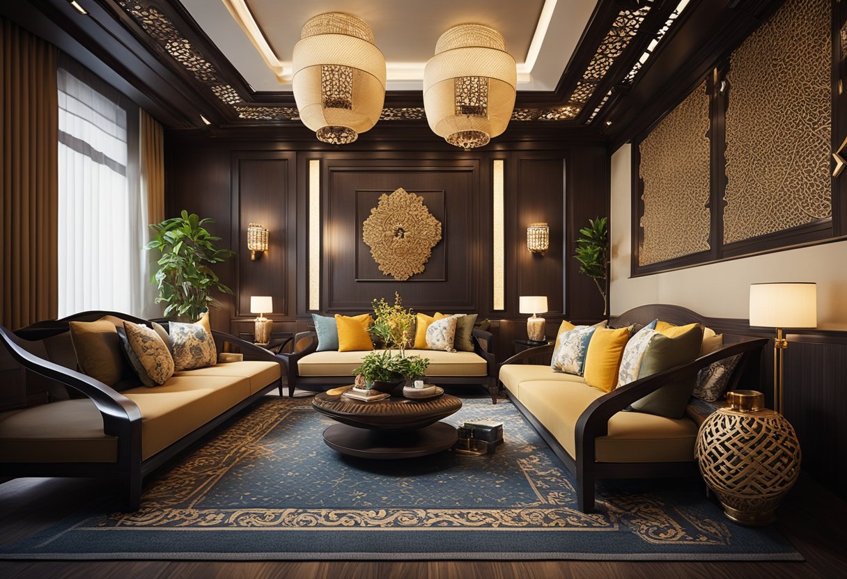 A cozy living room with oriental interior design, featuring intricate patterns, rich colors, and elegant furniture