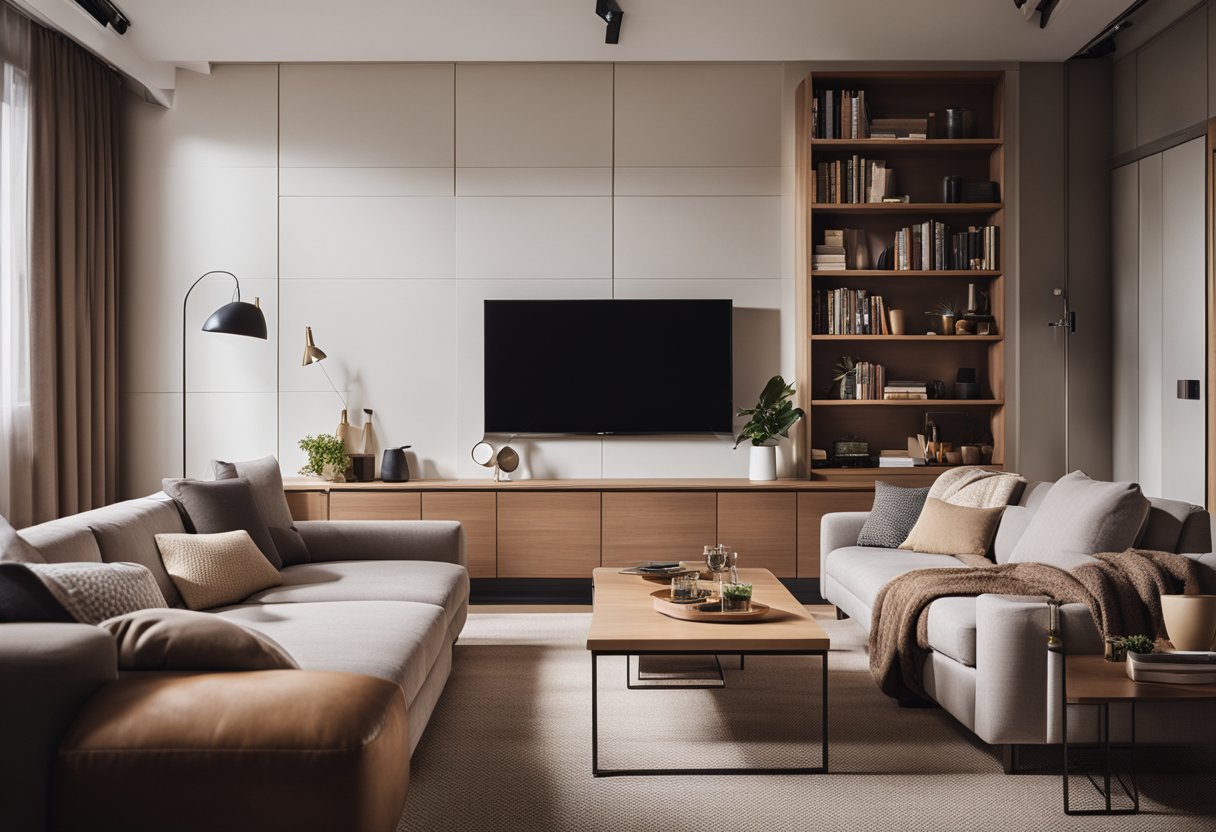 A cozy living room with modern furniture, warm lighting, and a large bookshelf. A comfortable sofa and a coffee table in the center