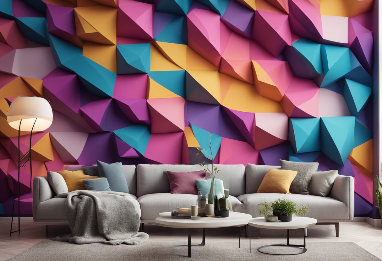 A large living room with a 3D wall painting design featuring vibrant colors and geometric shapes, creating a visually stunning and immersive environment