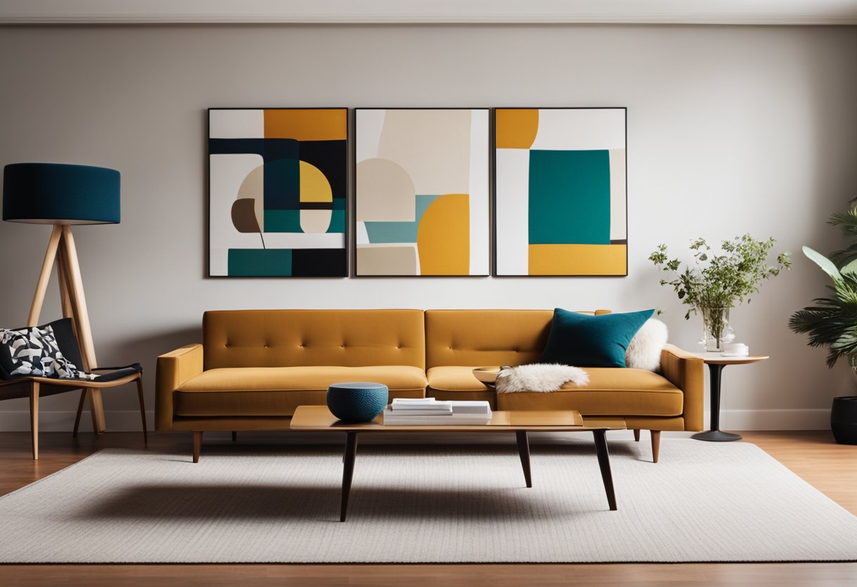 A sleek, minimalist living room with iconic mid-century modern furniture pieces, clean lines, and a pop of vibrant color against a neutral backdrop