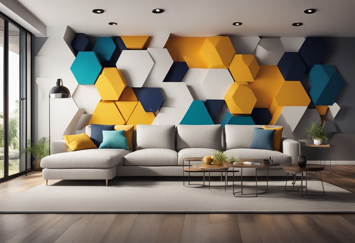 Vibrant 3D wall painting designs fill the living room, creating depth and visual interest. Geometric shapes and bold colors bring the space to life