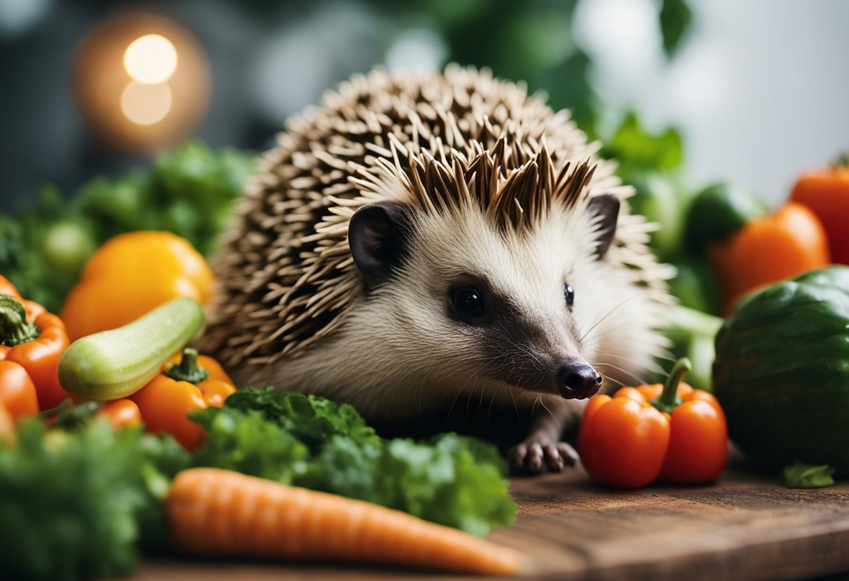 A hedgehog surrounded by a variety of vegetables, such as carrots, cucumbers, and bell peppers, eagerly munching on them