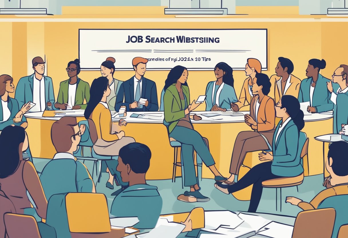 A group of professionals gather at a networking event, exchanging business cards and engaging in conversation. A large banner with the words "Job Search: Tips For Using Job Websites 2024" hangs in the background