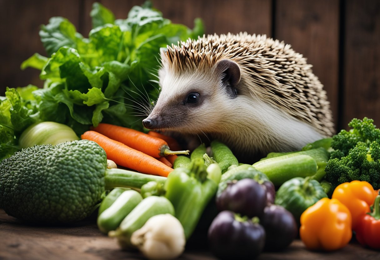 A hedgehog surrounded by a variety of safe vegetables such as carrots, cucumbers, and bell peppers. The hedgehog is happily munching on the vegetables