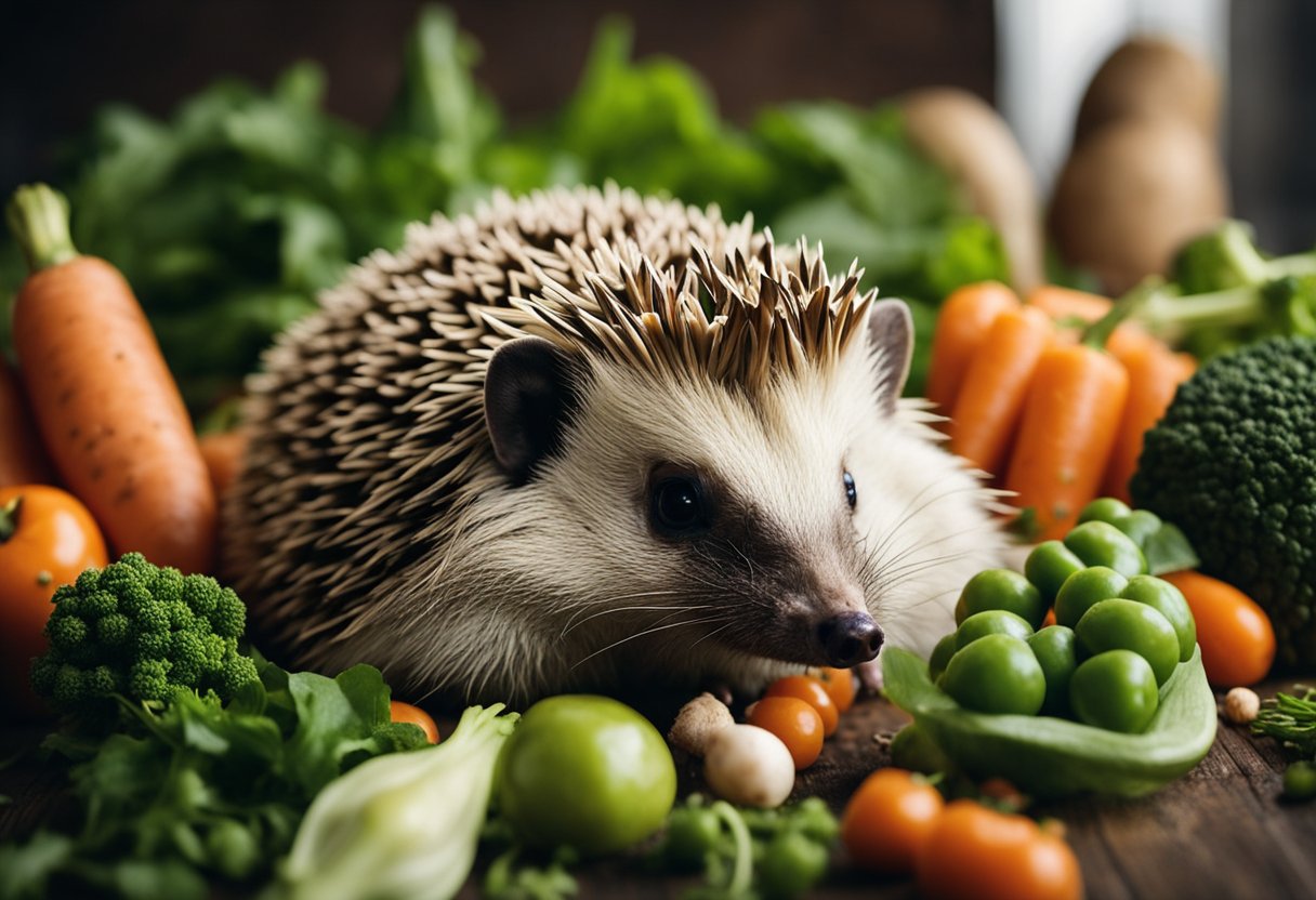 A hedgehog is surrounded by a variety of vegetables such as carrots, peas, and spinach. It is happily munching on the fresh produce, showcasing the feeding guidelines for hedgehogs