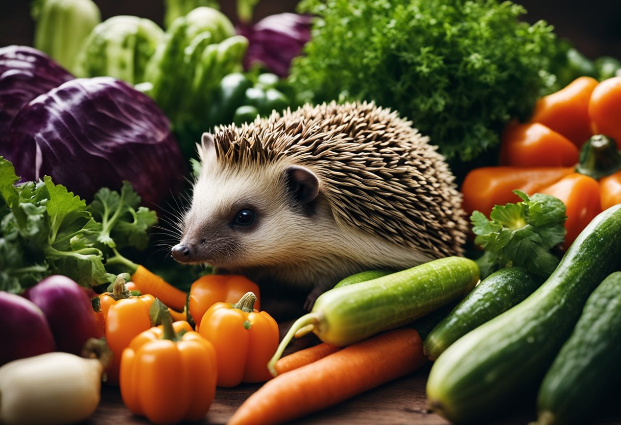 A hedgehog surrounded by a variety of vegetables such as carrots, cucumbers, and bell peppers, eagerly munching on them