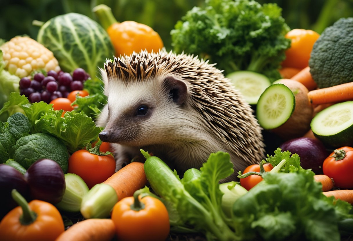 A hedgehog surrounded by a variety of vegetables like carrots, cucumbers, and leafy greens, with a curious expression as it sniffs and examines each one