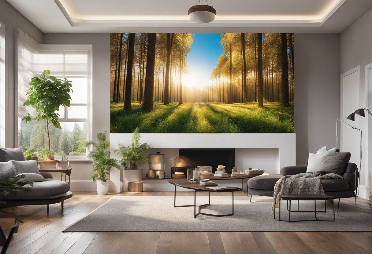 A spacious living room with a large, plain wall. A 3D wall painting of a serene forest landscape with vibrant colors and realistic depth