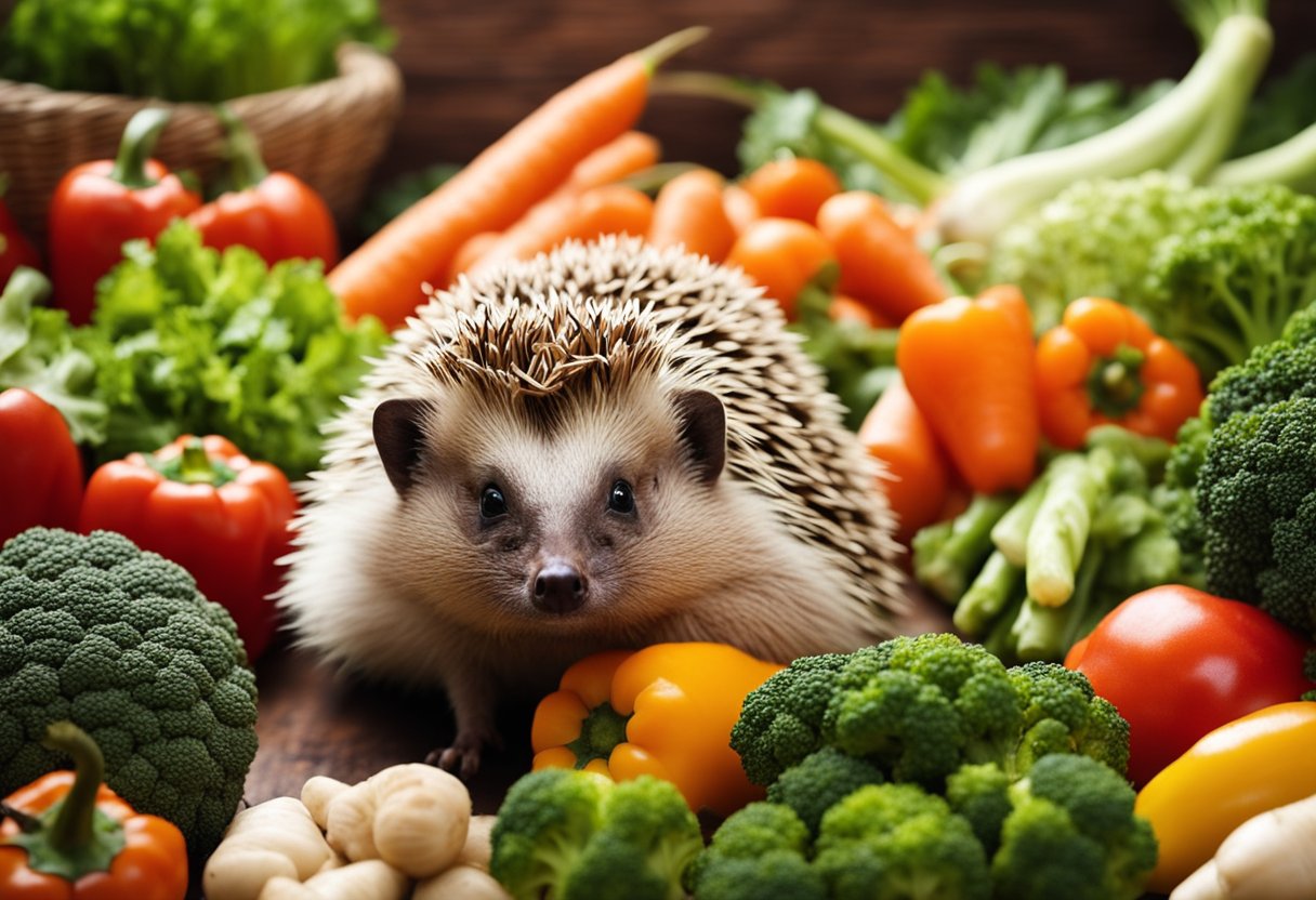 A hedgehog surrounded by various vegetables like carrots, broccoli, and bell peppers, with a curious expression on its face