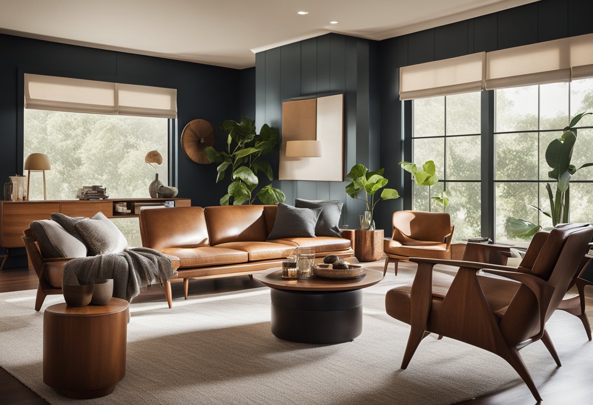 A mid-century living room with clean lines, organic shapes, and warm wood tones. A mix of materials such as leather, metal, and textured fabrics create a harmonious and inviting space