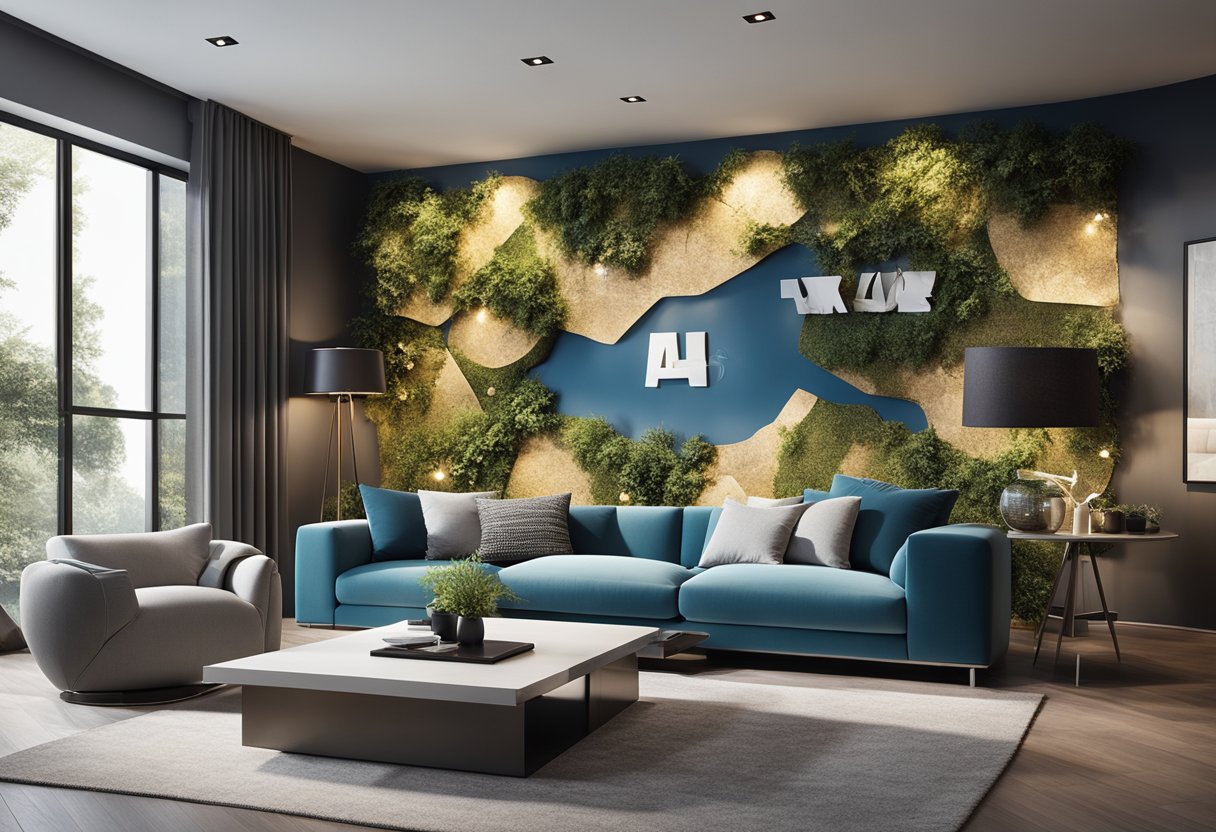 A modern living room with 3D wall paintings showcasing various frequently asked questions in a stylish and artistic manner