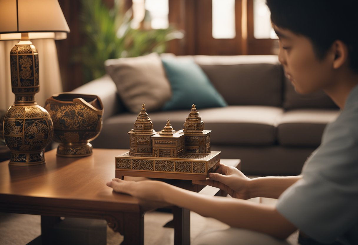 A person arranges furniture and accessories in a living room with oriental interior design