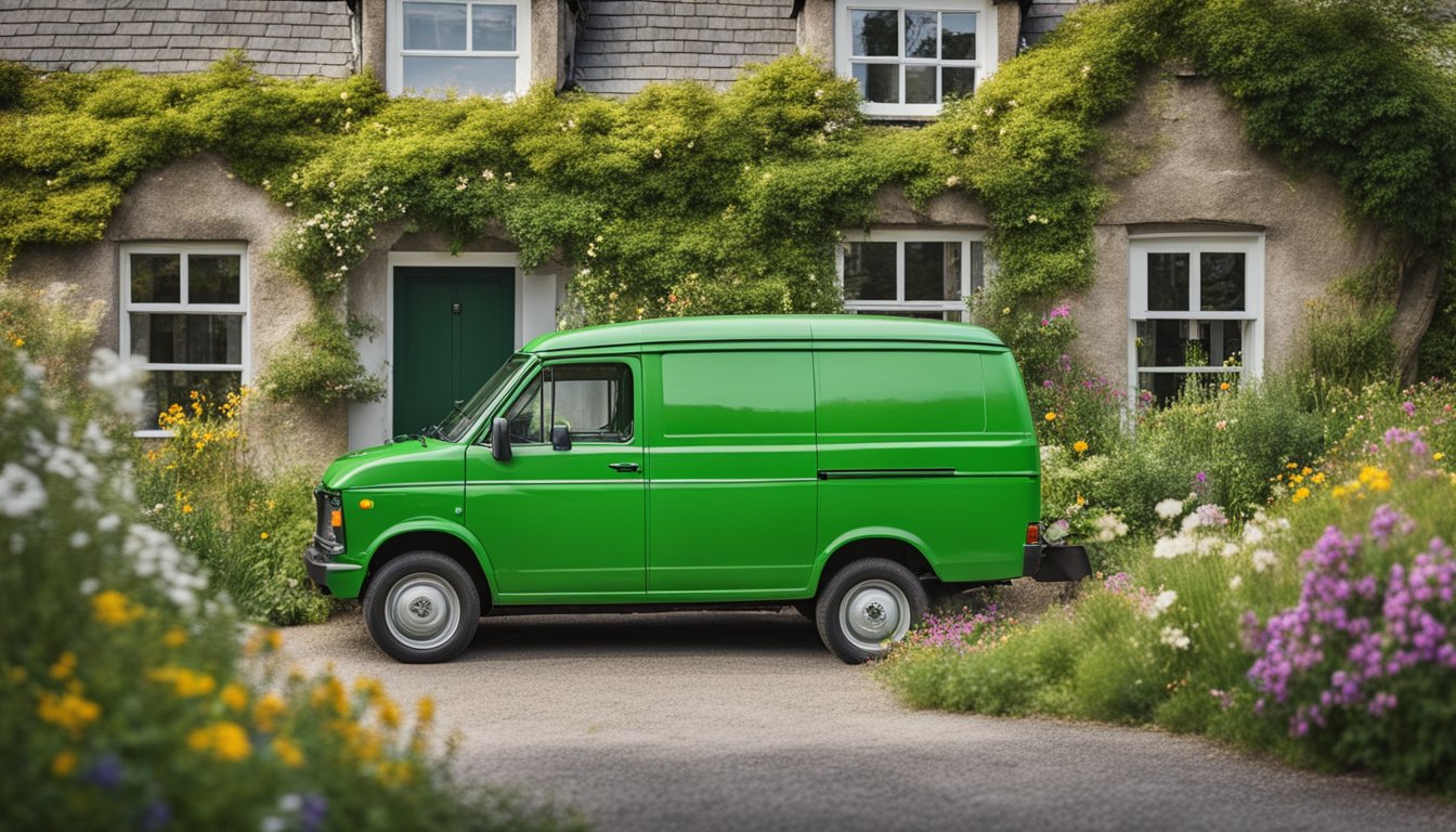 A green delivery van pulls up to a quaint Irish cottage. A delivery person places a bouquet of vibrant wildflowers on the doorstep